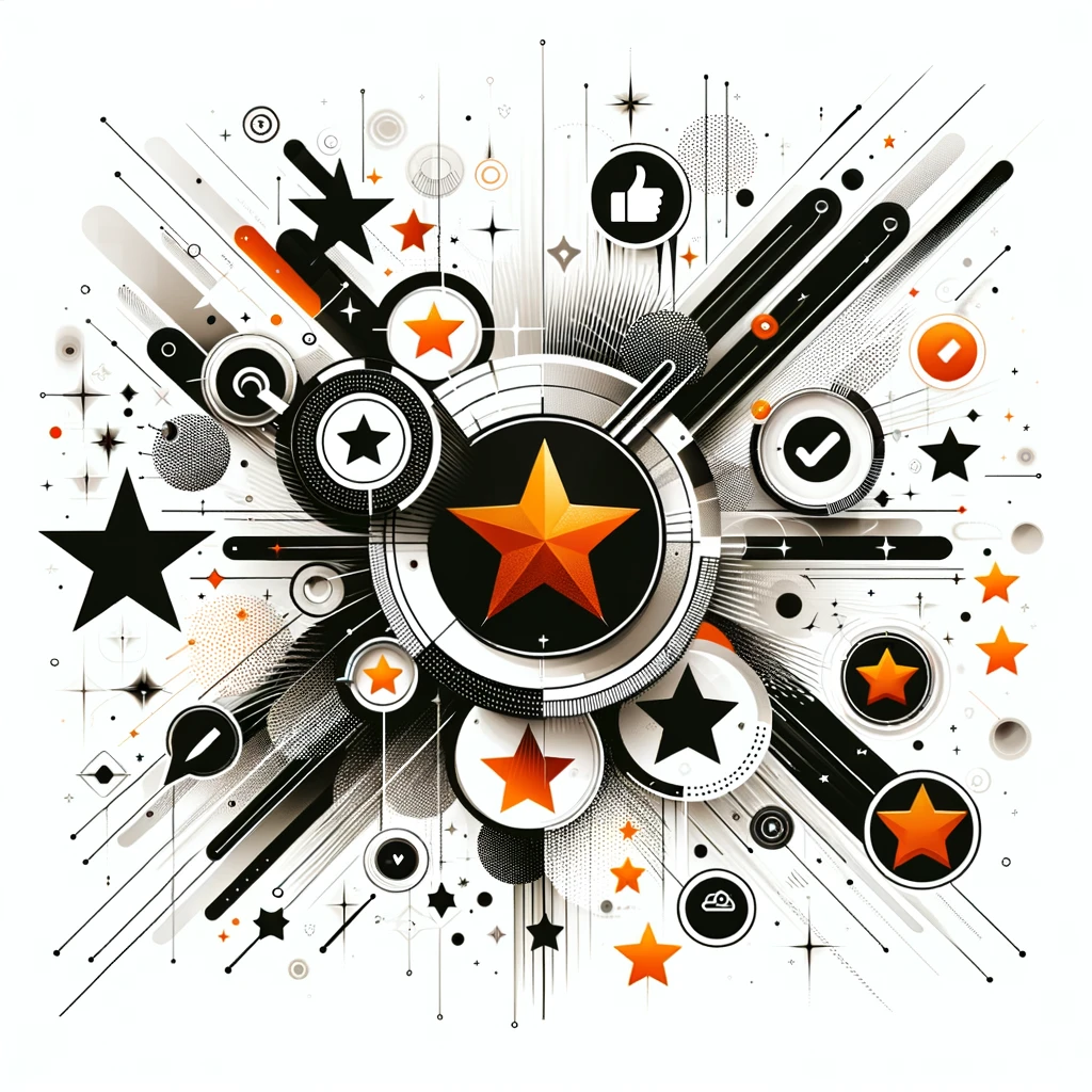 Contemporary digital marketing image featuring customer review stars and social media symbols in black, white, and orange, emphasizing the power of social proof.