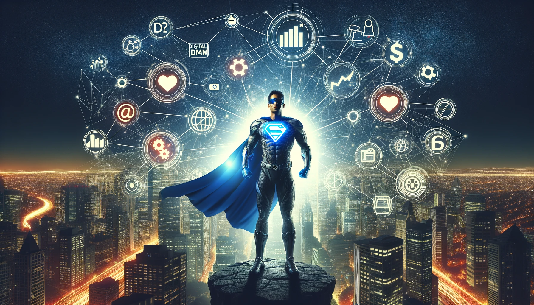 "Superhero with digital marketing icons over cityscape."