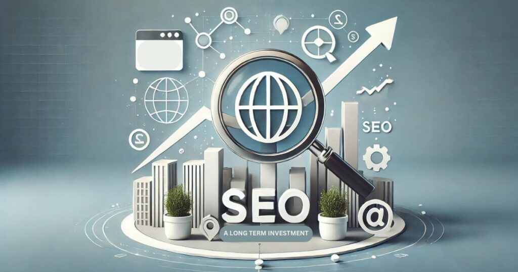 A visual representation of SEO growth for small businesses, featuring a magnifying glass and upward arrows symbolizing long-term progress.