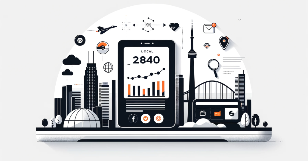 Simplified Toronto skyline with digital marketing icons.